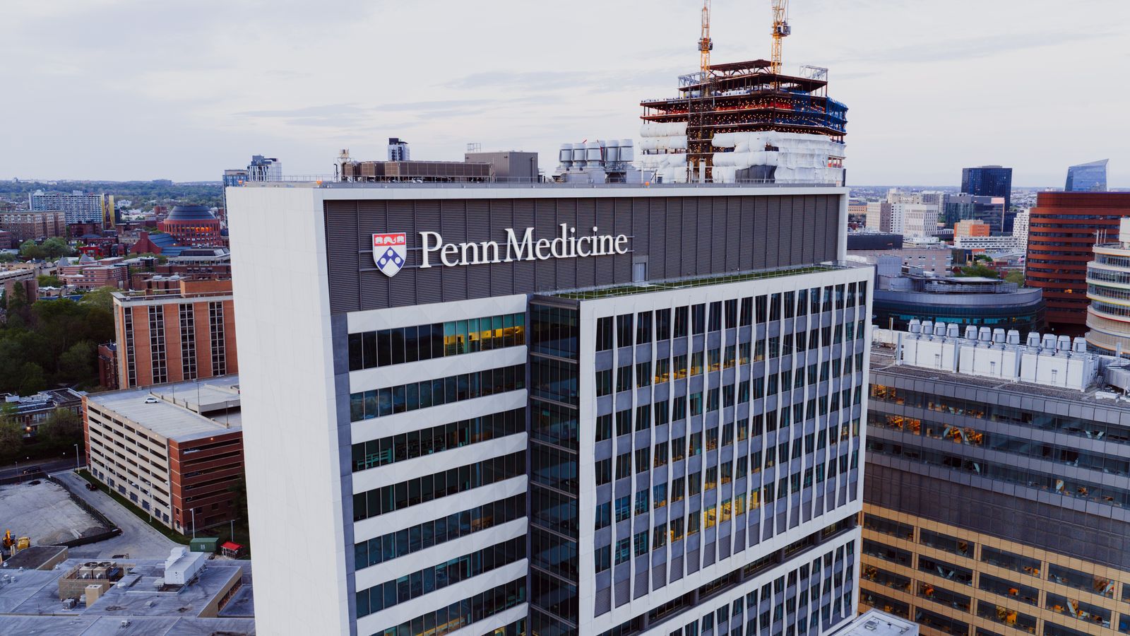 Aerial shot of Penn Medicine building in Philadelphia showcasing urban architecture.